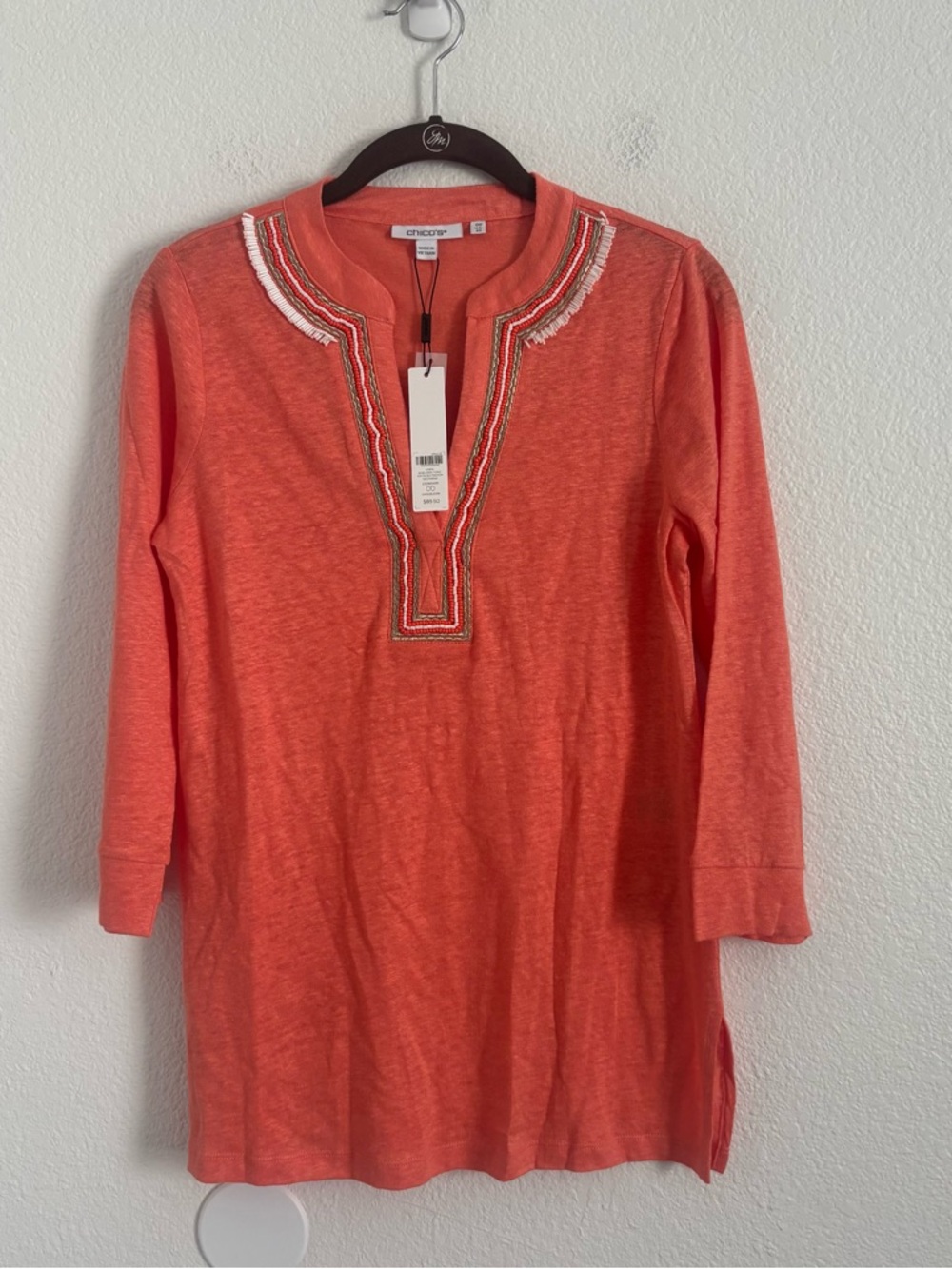 NWT Chico's Women's Size XS Coral Orange Linen 3/4 Sleeve Beaded Tunic Top